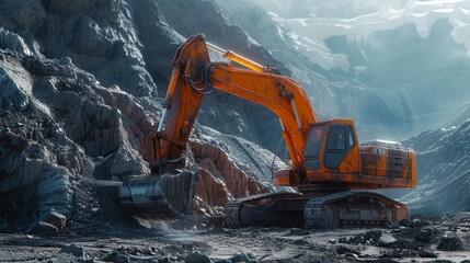 Excavator rocky cliff rock, a huge excavator is working on a desert site, an excavator is parked on a large rocky incline, this picture of an excavator digging in rocky ground - obrazy, fototapety, plakaty