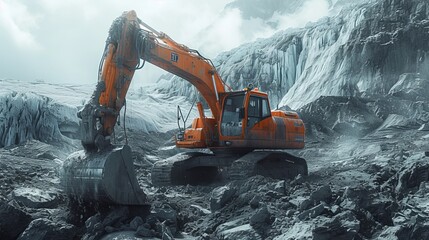 Excavator rocky cliff rock, a huge excavator is working on a desert site, an excavator is parked on a large rocky incline, this picture of an excavator digging in rocky ground