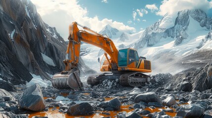 Excavator rocky cliff rock, a huge excavator is working on a desert site, an excavator is parked on a large rocky incline, this picture of an excavator digging in rocky ground - obrazy, fototapety, plakaty
