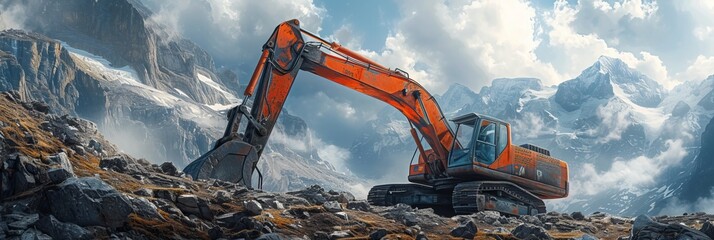 Excavator rocky cliff rock, a huge excavator is working on a desert site, an excavator is parked on...