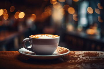 Cup of coffee. Elegant coffee cup with intricate design on a table, bathed in warm cozy lighting. A stylish escape in a blurred coffee shop background.