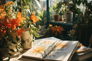 Artist's sketchbook adorned with vibrant botanical illustrations and pressed flowers, fresh perspective on the fusion of nature and creativity, 