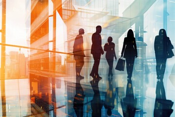 This is a double exposure photo that showcases the silhouettes of a group of business people working together, with abstract office-related elements