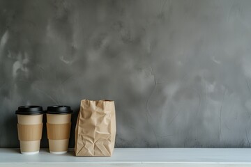 Three paper coffee cups with brown paper bag on white table and gray wall background, copy space, your product name place