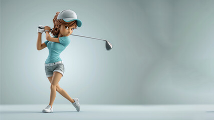 A woman cartoon golf player with a stick isolated on gray background