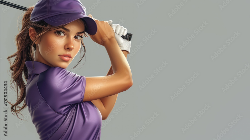 Wall mural A woman cartoon golf player in purple jersey with a stick