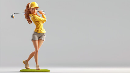 A woman cartoon golf player in yellow jersey with a stick