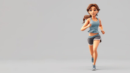 A woman cartoon athletic run in blue jersey isolated on gray