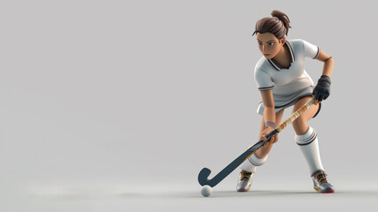 A woman cartoon field hockey player in white jersey with a stick