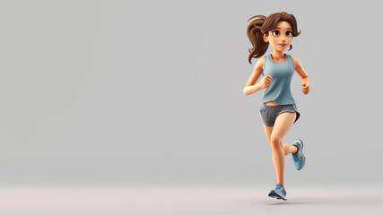 A woman cartoon athletic run in blue jersey isolated on gray