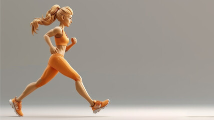 A woman cartoon athletic run in orange jersey isolated on gray
