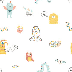 Monster Halloween seamless pattern with lettering. Cute cartoon characters in simple hand-drawn Scandinavian style. Vector childish funny doodle illustration. Baby clothes, textiles, fabric.