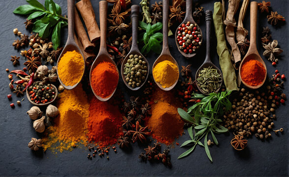 Spices and herbs in closeup on black background. Ai generated