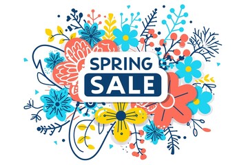 A bright fashionable and colorful advertising banner that attracts attention, in the style of a retro poster with the inscription spring sale on a white background, for marketing sales and promotions