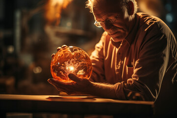 Obraz premium Glass sculptor, creating imaginative, glowing globe, the challenges of global warming