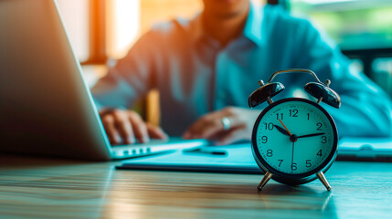 Alarm clock in the foreground, working entrepreneur on laptop in office in the background, workflow, workday, time management concept