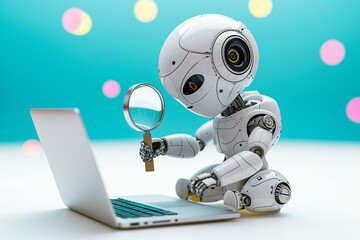 A small robot holds a magnifying glass and look at the laptop, Ai detect concept, searching, and training technology