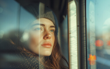 Portrait of sad young woman pensive looking through the public bus window glass while she goes by bus. Wistful gaze and thoughts life. Sadness, mental health and loneliness concept image.