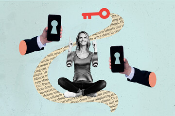 Creative photo collage picture young woman showing pointing up smartphone key lock defense...