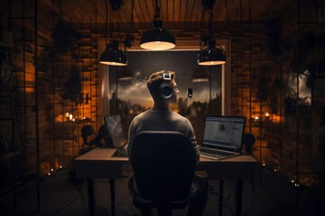 Obraz premium Home Podcaster: Cozy recording studio surrounded by soundproof panels, encapsulating the immersive world of audio storytelling and content creation.