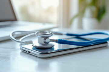 Closeup stethoscope placed on a smart phone with laptop at background, remote healthcare service, telehealth, telemedicine tech