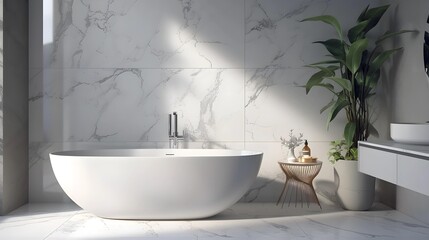 A serene bathroom featuring a white oval bathtub against marble tiles, with natural light and decorative greenery.