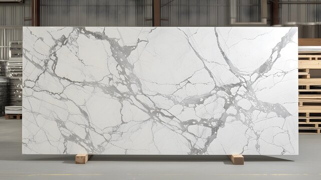 An expansive slab of veined marble displayed in an industrial warehouse setting, highlighting the beauty of natural stone.