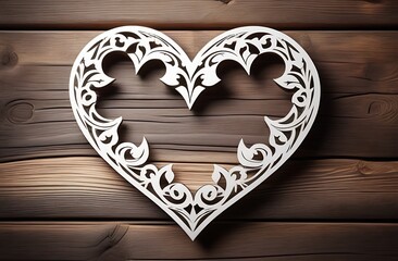 Empty wooden deck table over rustic wall background with heart shape garland. Valentines day concept