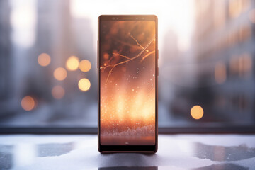 A seamless blend of tech and urban aesthetics: Glossy mobile phone against a backdrop of contemporary city lights. Perfect for conveying connectivity, modernity, and a dynamic urban lifestyle in your 