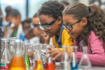 Three young girls in science lab, inspecting chemicals, teamwork in action, excitement for learning, colorful experiment. Trio of female students engage in chemistry lab, curiosity sparkles