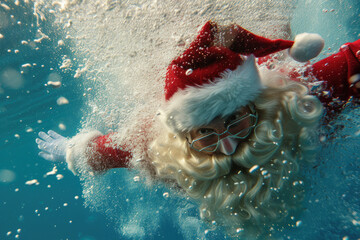 close view of Santa Claus diving and swimming underwater - obrazy, fototapety, plakaty