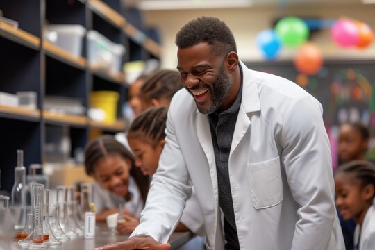African American teacher laughing with students, science class fun, engaging education, enthusiastic learning, joyful moment. Happy African American male teacher in lab, captivating young students,