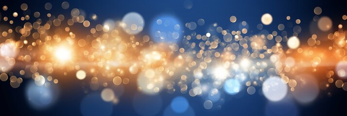Fototapeta na wymiar Golden light particle bokeh on dark blue background with gold foil texture holiday concept