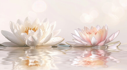 floating white lotus, pastel color scheme, water drops