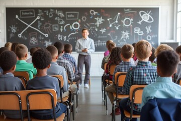Obraz premium Attentive students in classroom with educator, focused on science lesson, eager learning, educational setting. Classroom of diverse students with attentive gazes, absorbing science education,