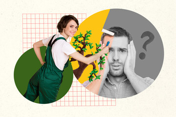 Drawing image picture collage of lady worker painter coloring black white shocked man mind therapy
