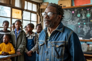 Fototapeta premium African American male teacher with child in science lab, sharing a joyful learning moment, educational engagement, discovery. Smiling teacher and student in lab, experimenting together