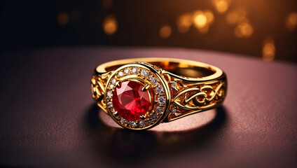 Luxurious gold engagement ring. Garnet or ruby ring. Space for text