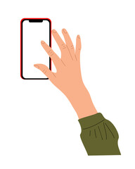 Female Hand holding mobile phone. Fingers touching, scrolling smartphone screen, using applications. Empty screen, phone mockup. Flat vector illustration isolated on white background.