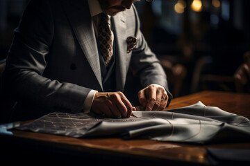Tailor's hands intricately sewing a bespoke suit, highlighting the meticulous craftsmanship and attention to detail in the world of bespoke fashion, blurred background, cinematic feel. - obrazy, fototapety, plakaty