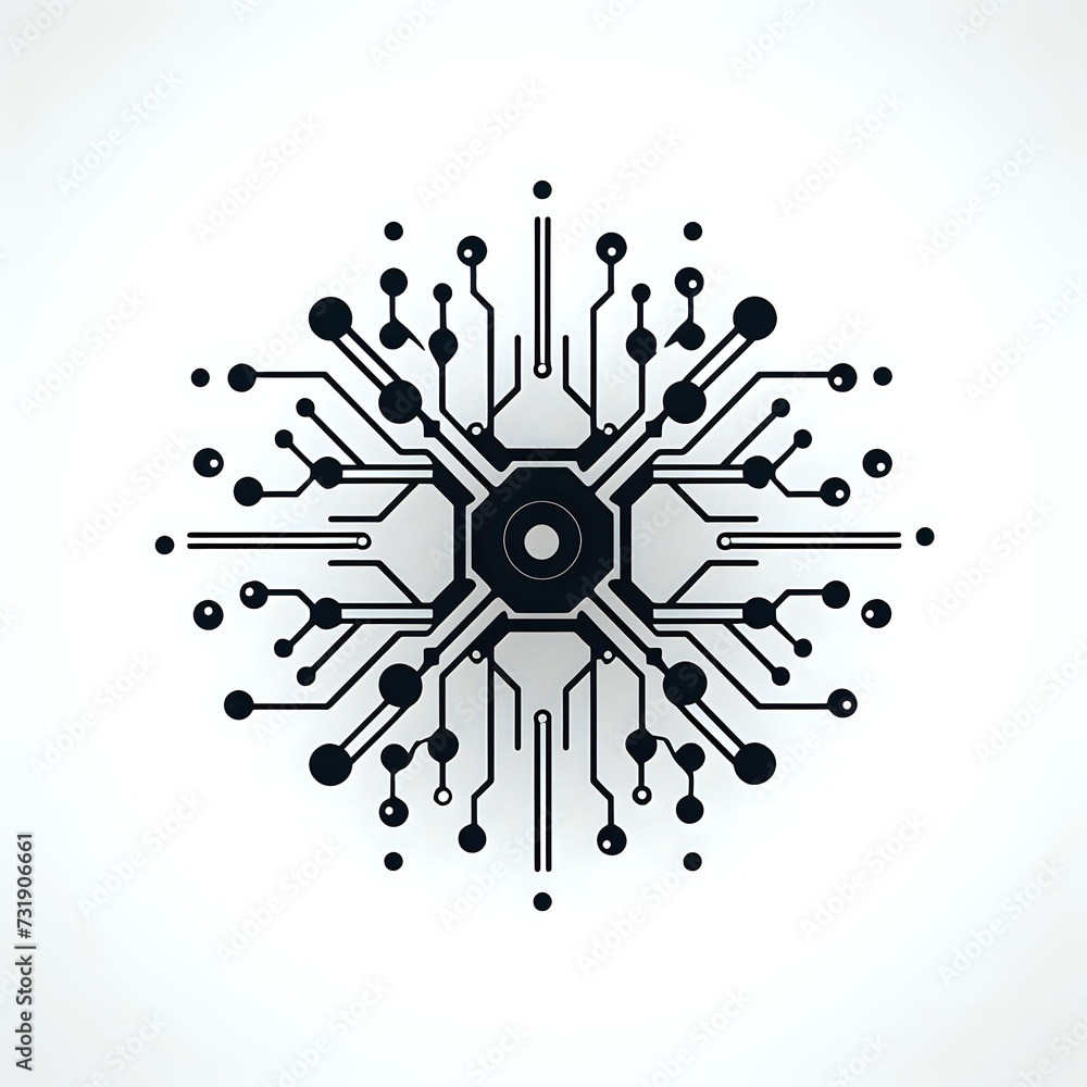 Poster abstract circuit snowflake design. an intricate, symmetrical circuit snowflake, isolated on white, p
