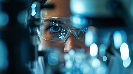 Intense female scientist wearing protective eyewear conducting research in a high-tech laboratory environment.