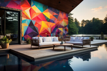 Contemporary design meets nature in vibrant mural by serene lake, creating a visual feast of tranquility