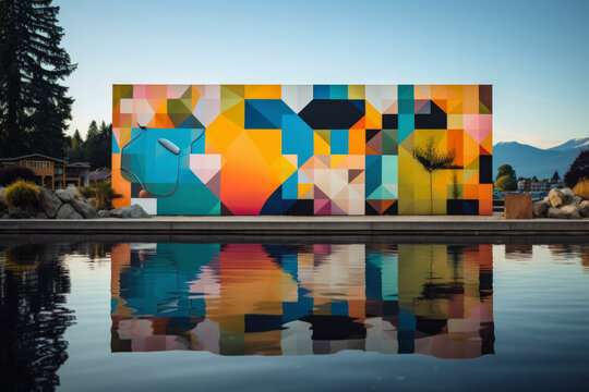 Contrasting Modern Art installation. Vibrant geometric mural juxtaposed against a serene lake, a visual feast blending contemporary design with the tranquility of nature, 
