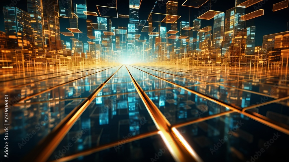 Poster futuristic holographic technology background with dynamic digital data flow in blue and golden light