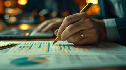 Close-up of financial charts on a table during a blurred background corporate business meeting.