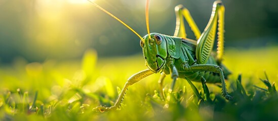 An insect, the grasshopper, perches on a lush green field, surrounded by natural landscape and terrestrial plants.