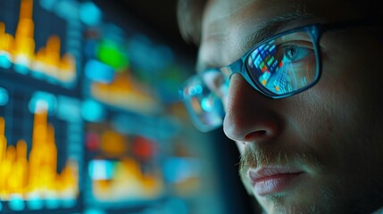 Focused financial analyst examining complex stock market data on computer screens in an office.