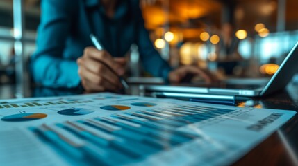 Close-up of financial charts on a table during a blurred background corporate business meeting.