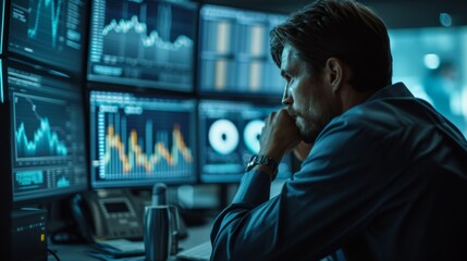 Focused financial analyst examining complex stock market data on computer screens in an office.